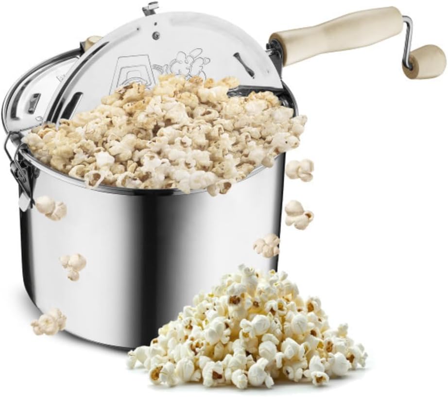 Great Northern Stainless-Steel Stovetop Popcorn Popper, 6.5-Quart, Hand Crank & Stir Paddle
