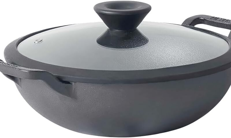 Meyer Pre Seasoned Cast Iron Wok, 26cm with Glass Lid