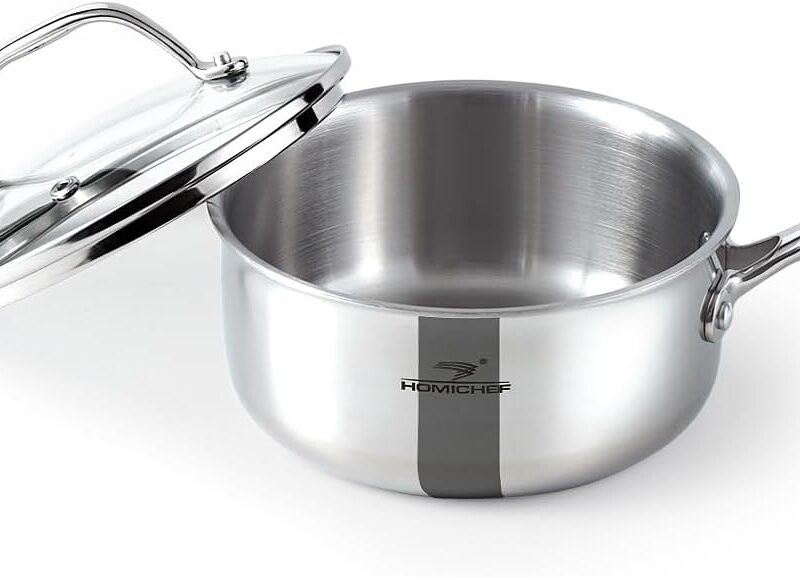 HOMICHEF Whole-Clad Tri-Ply Stainless Steel Saucepan, 16cm, 1.4L with Glass Lid