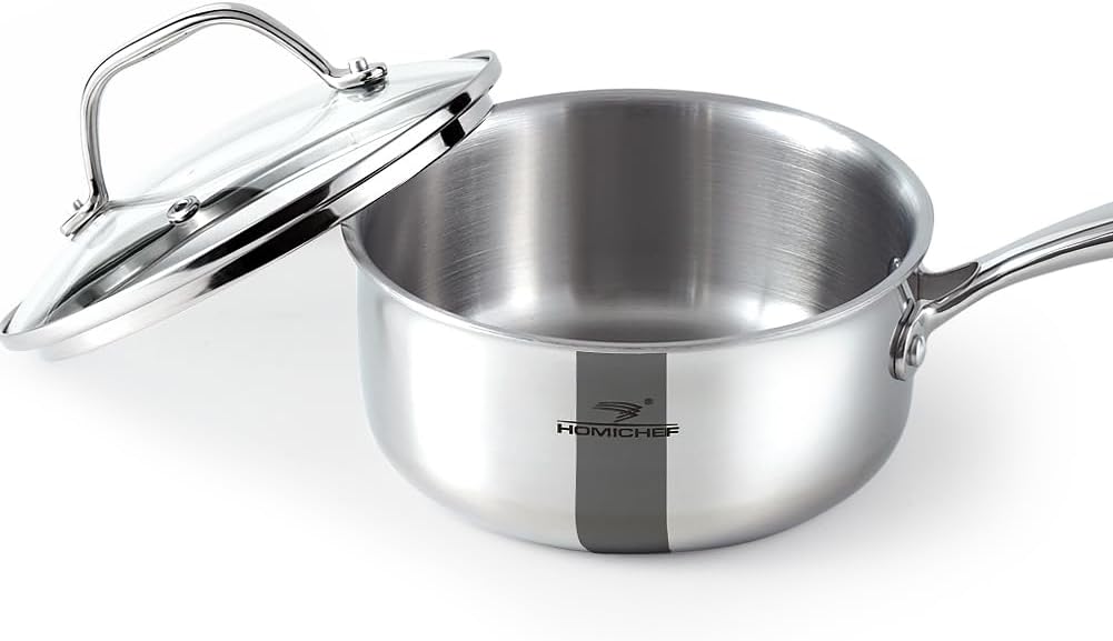 HOMICHEF Whole-Clad Tri-Ply Stainless Steel Saucepan, 16cm, 1.4L with Glass Lid