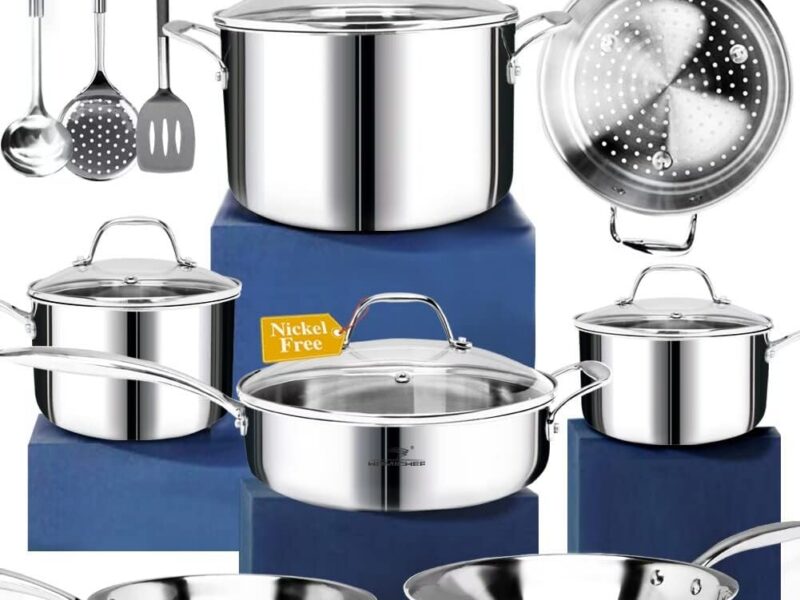 HOMICHEF 14-Piece Nickel Free Whole-Clad 3-Ply Stainless Steel Cookware Set