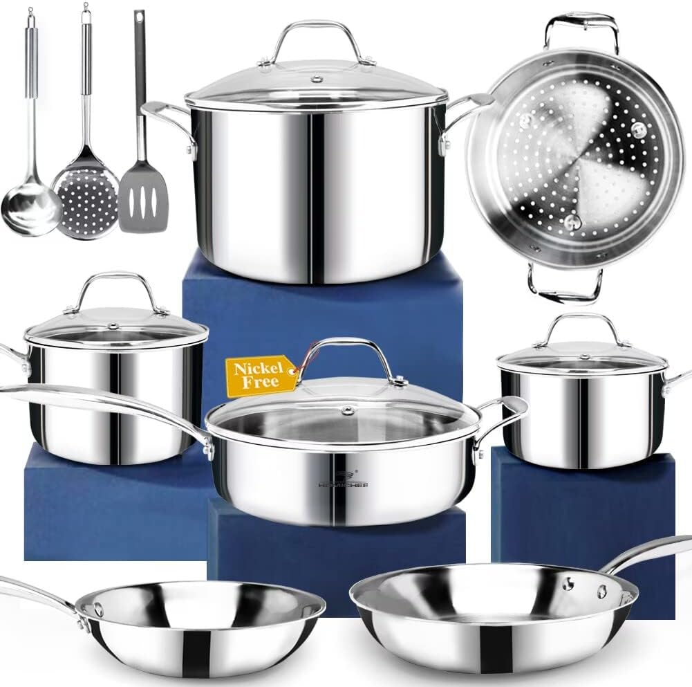 HOMICHEF 14-Piece Nickel Free Whole-Clad 3-Ply Stainless Steel Cookware Set