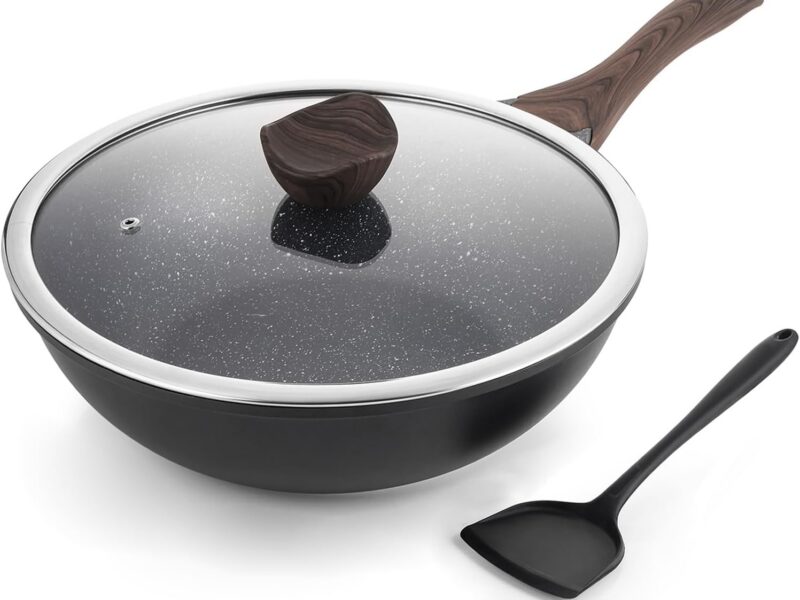 Kordisen Nonstick Wok, 12 Inch Granite Coated with Lid