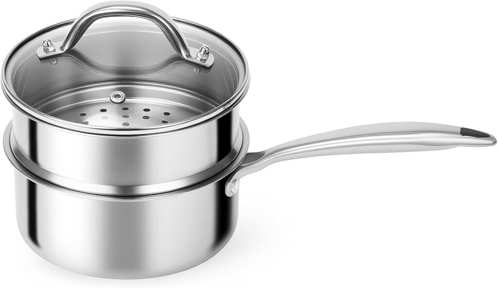 Tri-Ply Stainless Steel Saucepan with Vegetable Steamer Basket