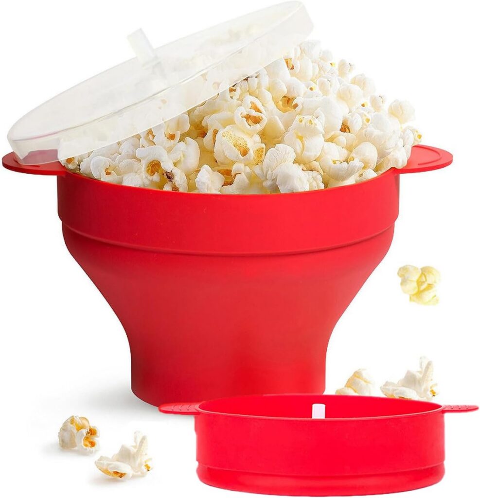 Silicone Collapsible Microwave Popcorn Bowl with Handle, High Heat Resistant, Red
