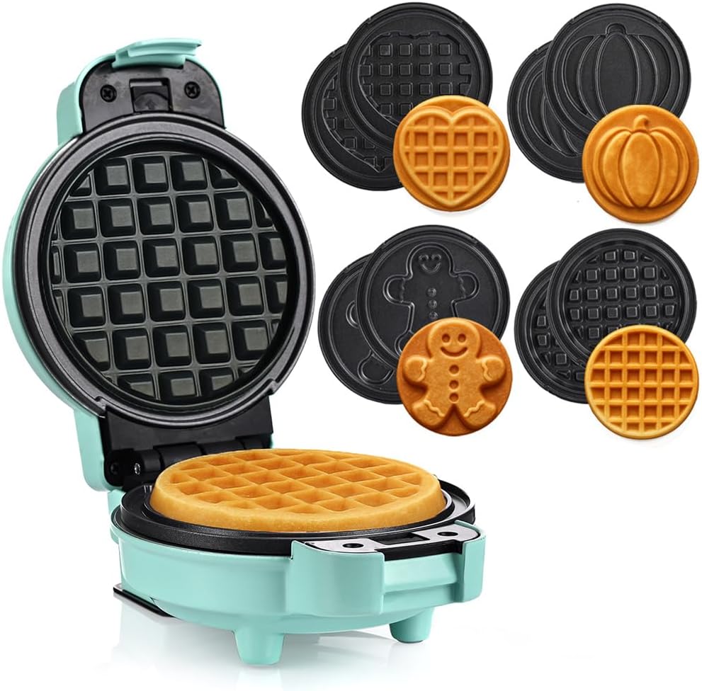 LEHMANN Mini Waffle Maker with 4 Interchangeable Shapes