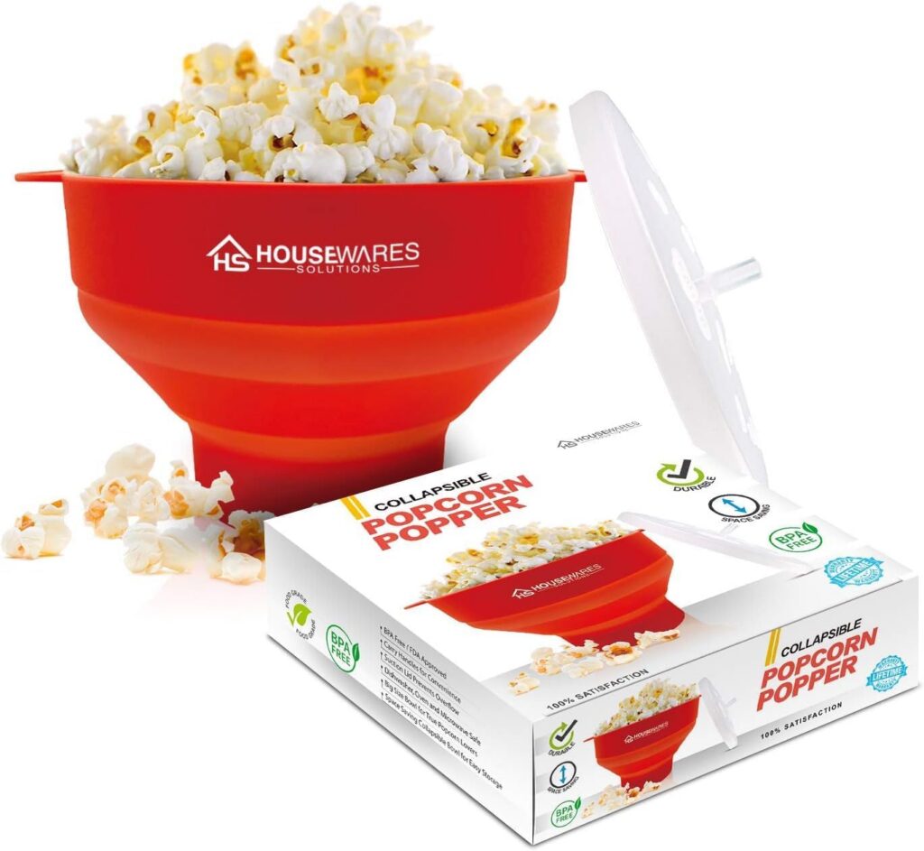Collapsible Silicone Microwave Popcorn Bowl, Hot Air, Lid & Handles