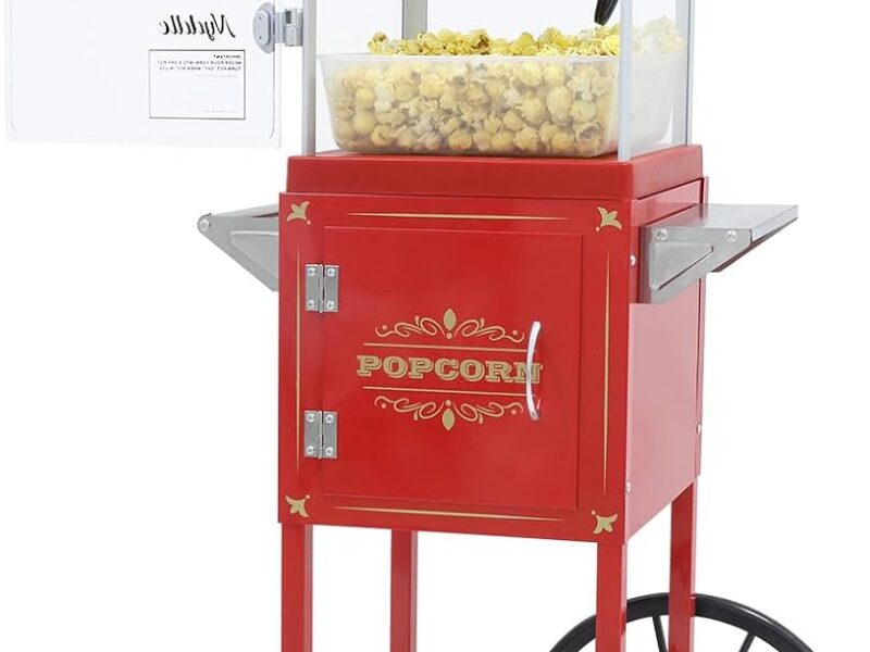 Vintage-Style Popcorn Machine Cart on Wheels, 8oz Kettle, Up to 32 Cups, Red