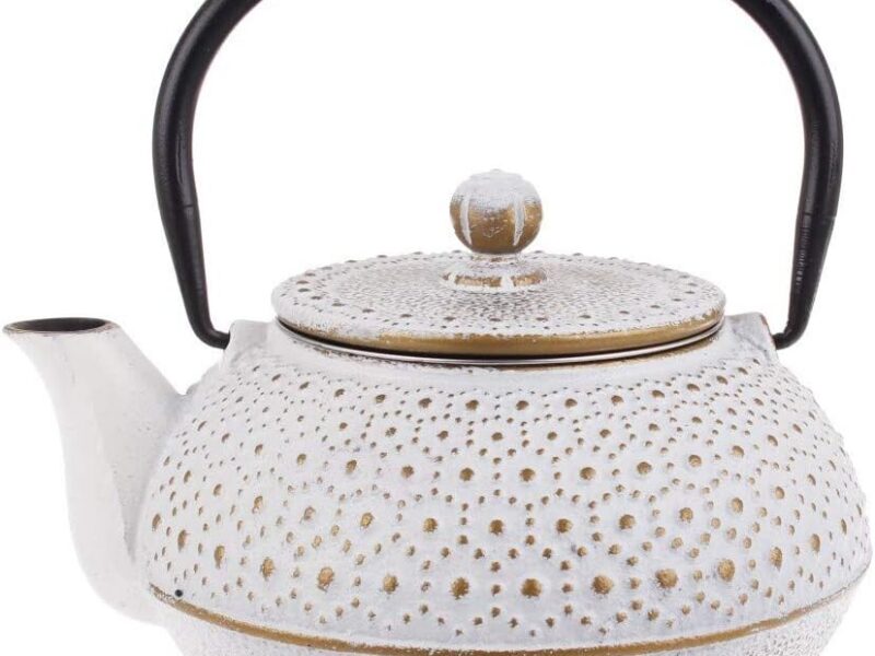 Teaology Beaded White & Gold Cast Iron Tea Pot