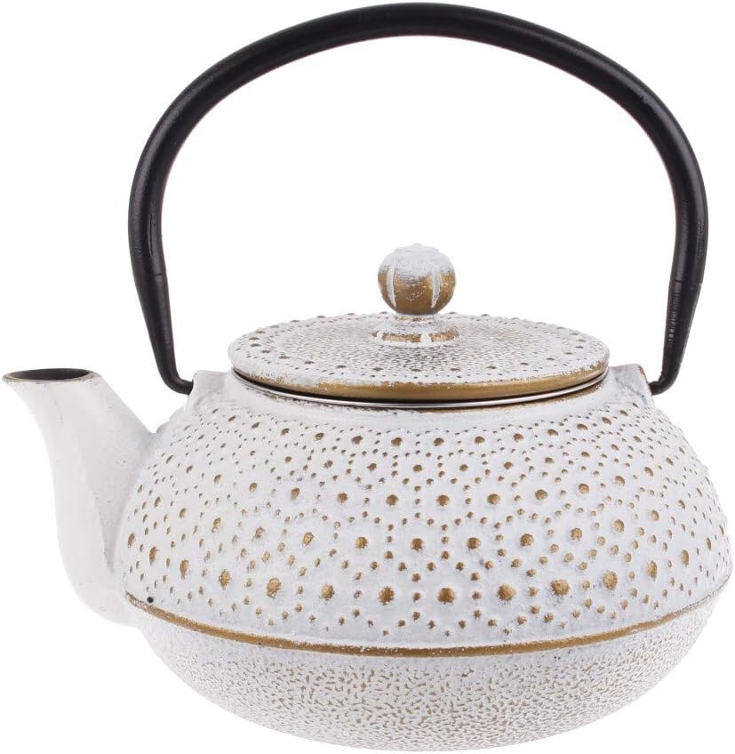 Teaology Beaded White & Gold Cast Iron Tea Pot