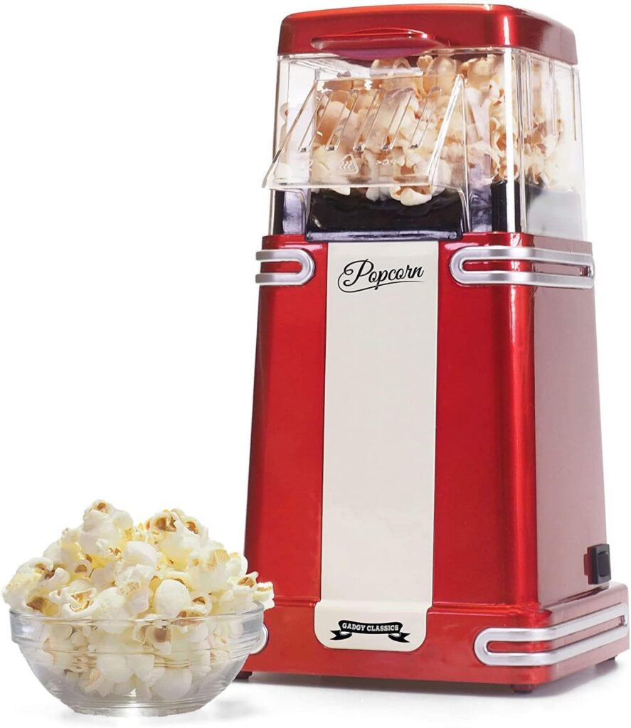Gadgy Low-Fat Hot Air Popcorn Maker, Retro Red Coated, 1200W, Removable Lid