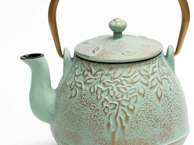 Leaf Pattern Japanese Cast Iron Tea Kettle, Enamel Lined