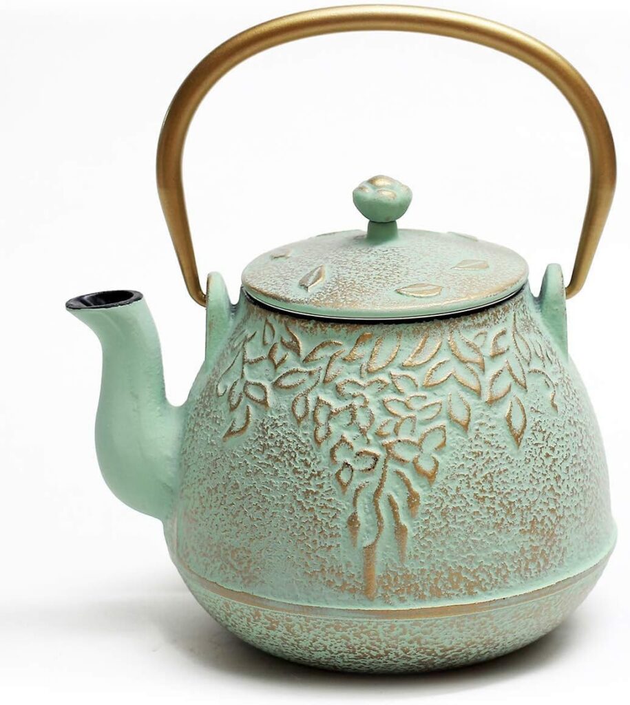 Leaf Pattern Japanese Cast Iron Tea Kettle, Enamel Lined