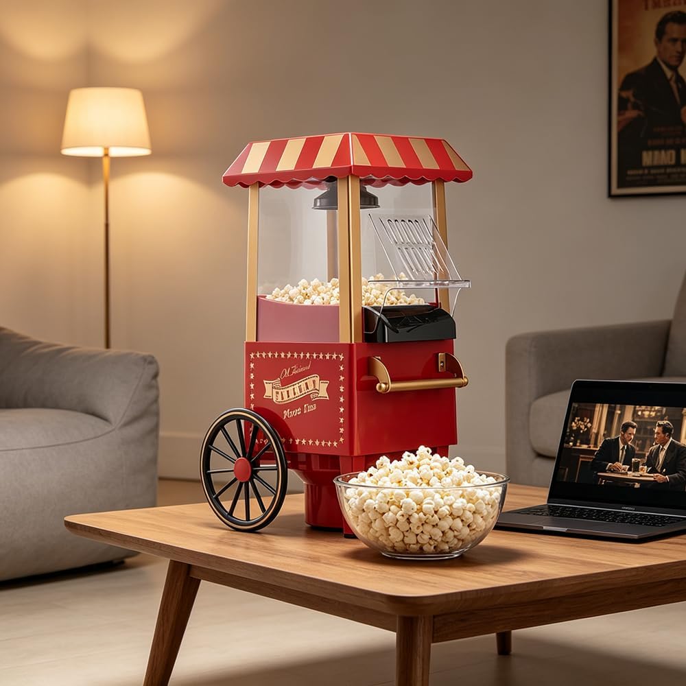 Retro Cart Hot Air Popcorn Machine, DIY Corn Cob Snacks & Birthday Parties, Red