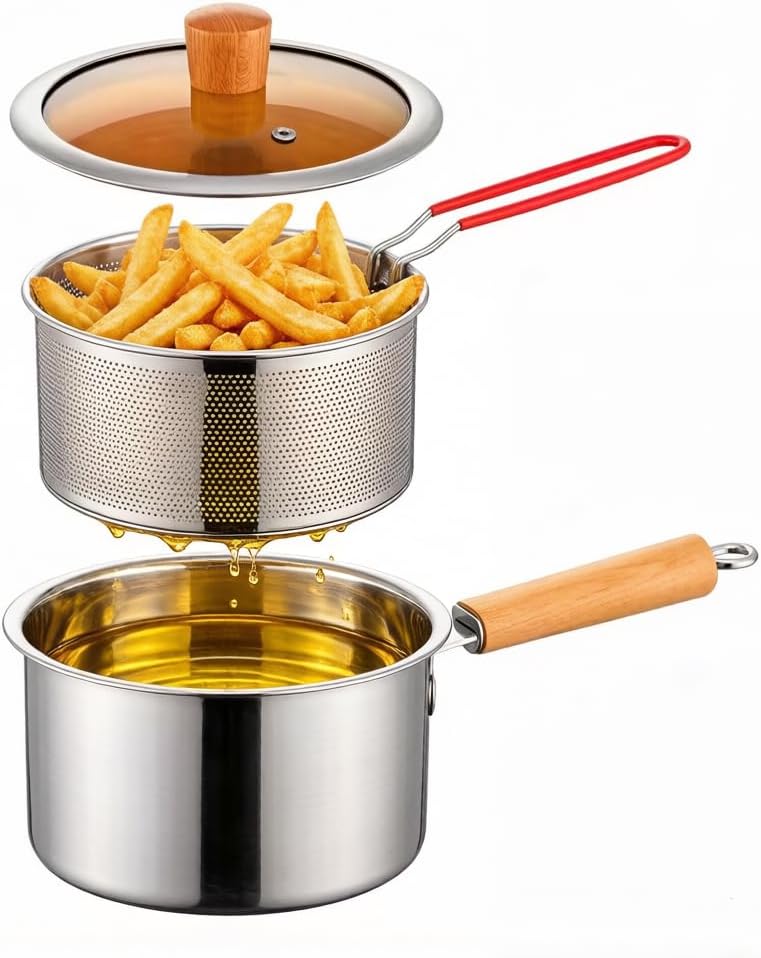 2.5L 304 Stainless Steel Deep Fryer Pot with Oil Strainer