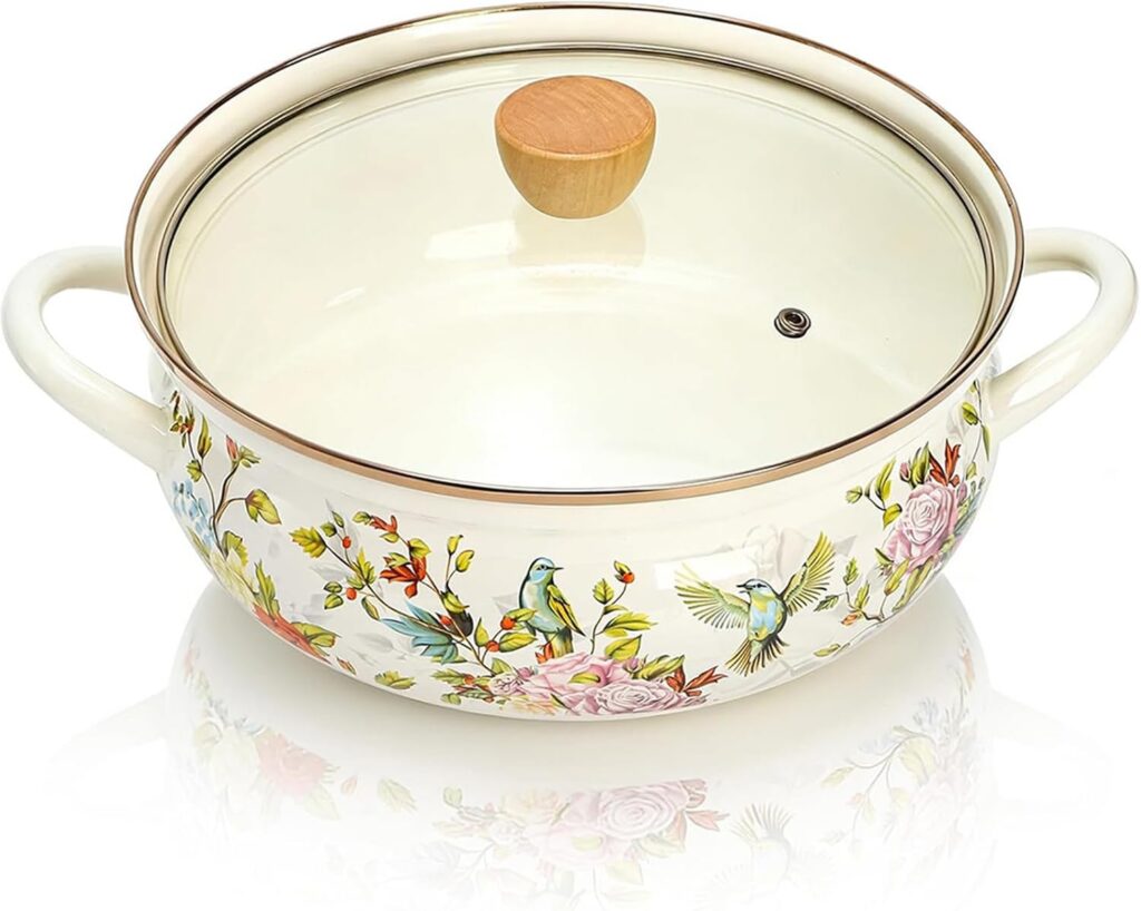 Vintage Floral Enamel Stock Pot, Flat-Bottomed, Lid