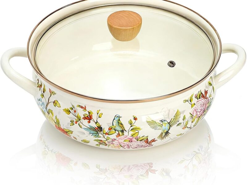 Vintage Floral Enamel Stock Pot, Flat-Bottomed, Lid