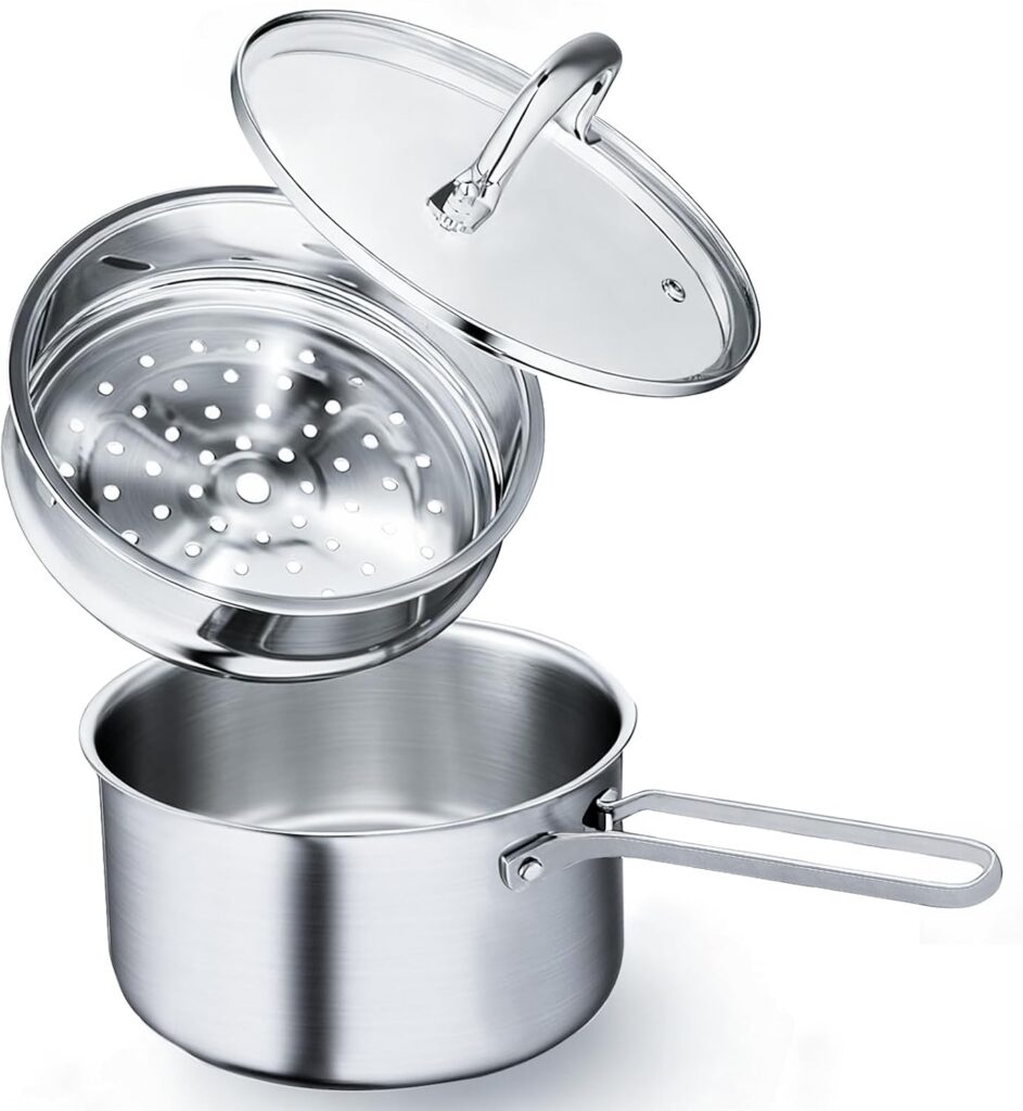 Stainless Steel Saucepan, 1500ml with Steamer Basket and Lid