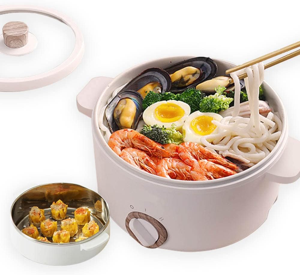 Electric Hot Pot with Steamer, 1.5L Nonstick Skillet