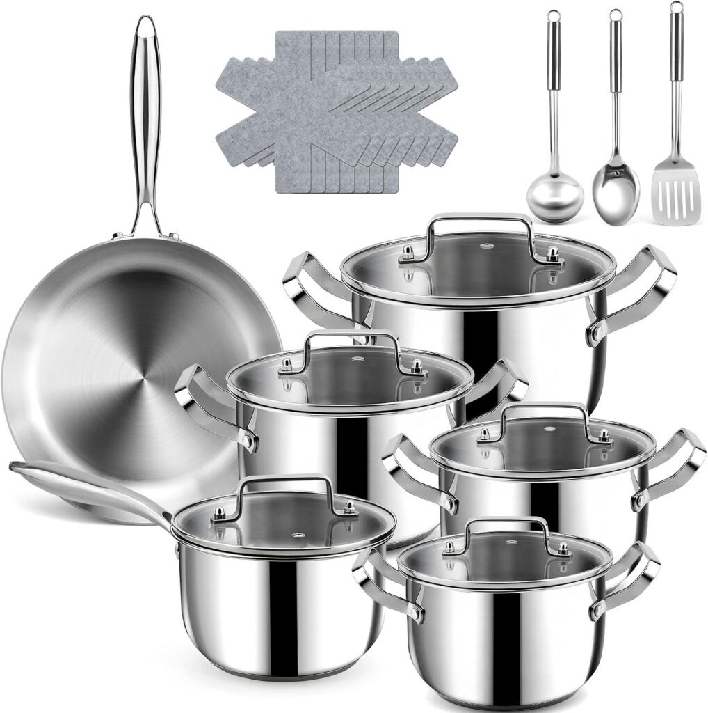 21-Piece Stainless Steel Cookware Set with Pots, Pans, Lids & Utensils