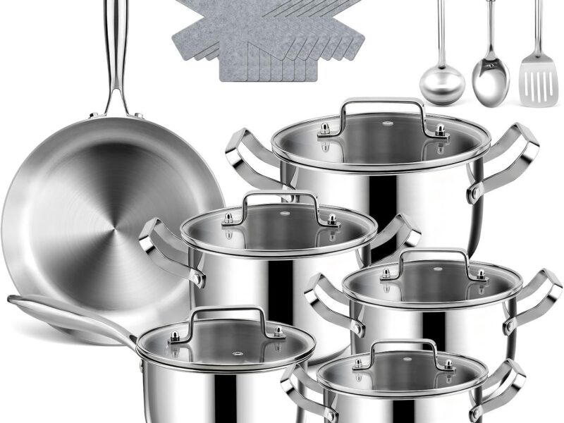 21-Piece Stainless Steel Cookware Set with Pots, Pans, Lids & Utensils
