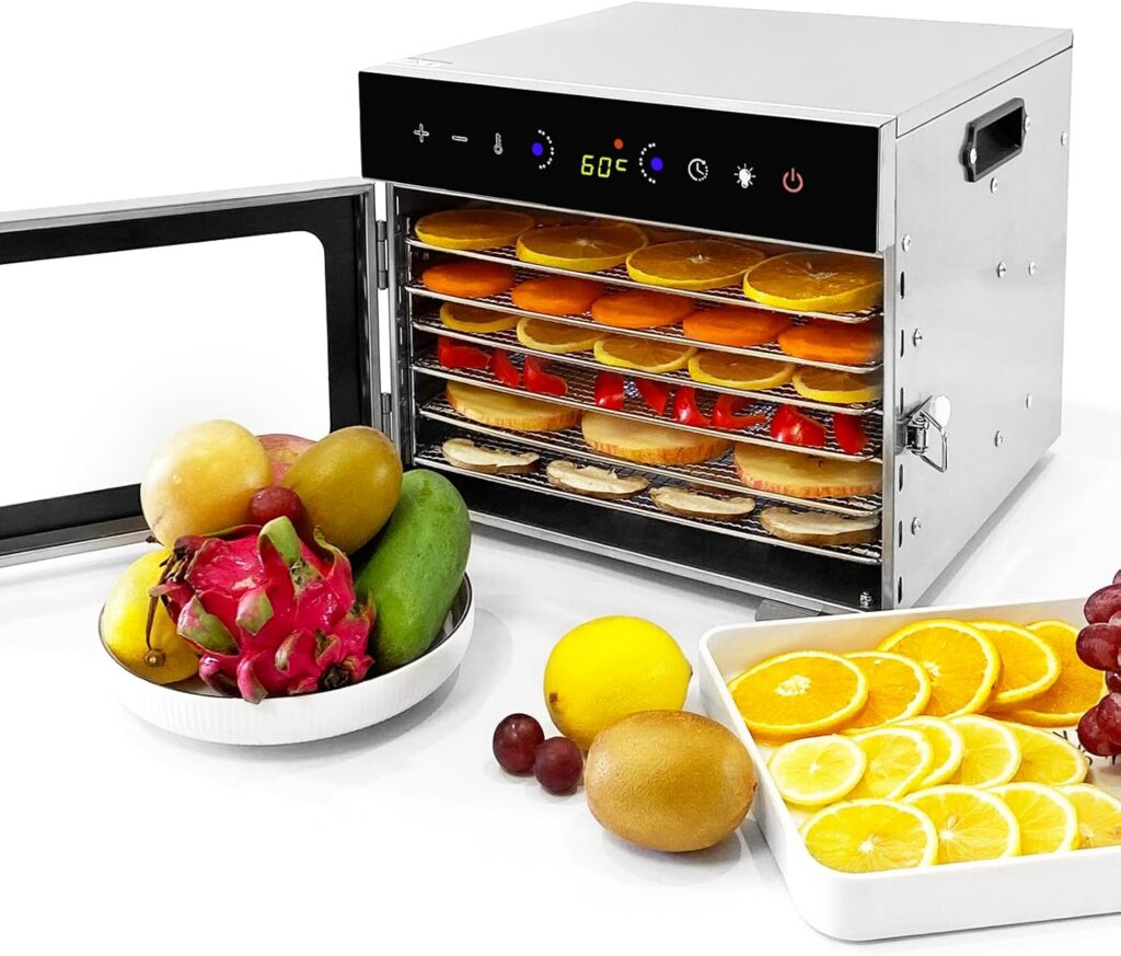 Oiyocemo 6-Tray Stainless Steel Food Dehydrator, 30-90°C & 24H Timer