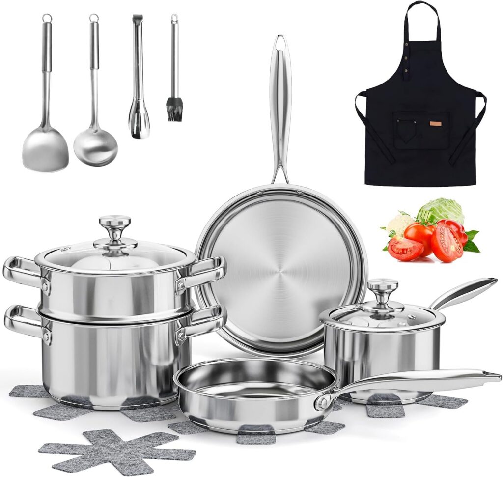 16-Piece Stainless Steel Pots & Pans Cookware Set with Glass Lids