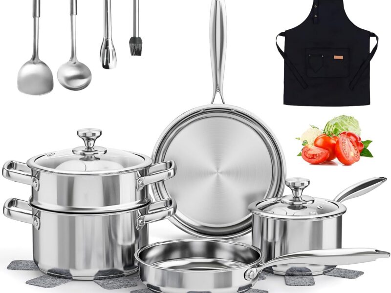 16-Piece Stainless Steel Pots & Pans Cookware Set with Glass Lids