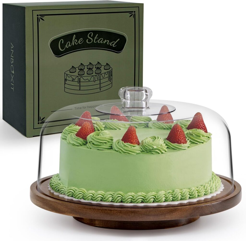 ANBOXIT Revolving Acacia Cake Stand with Acrylic Dome