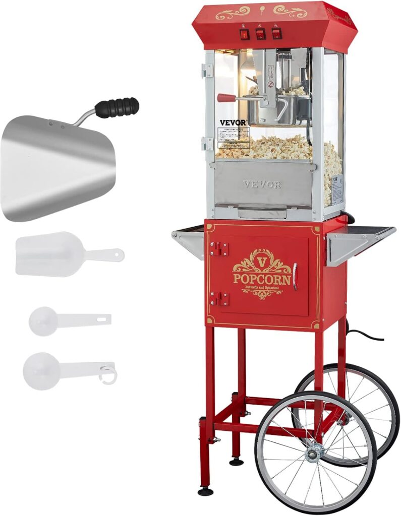 VEVOR Popcorn Popper Machine with Cart, 8oz Kettle, 850W, Tempered Glass, Red