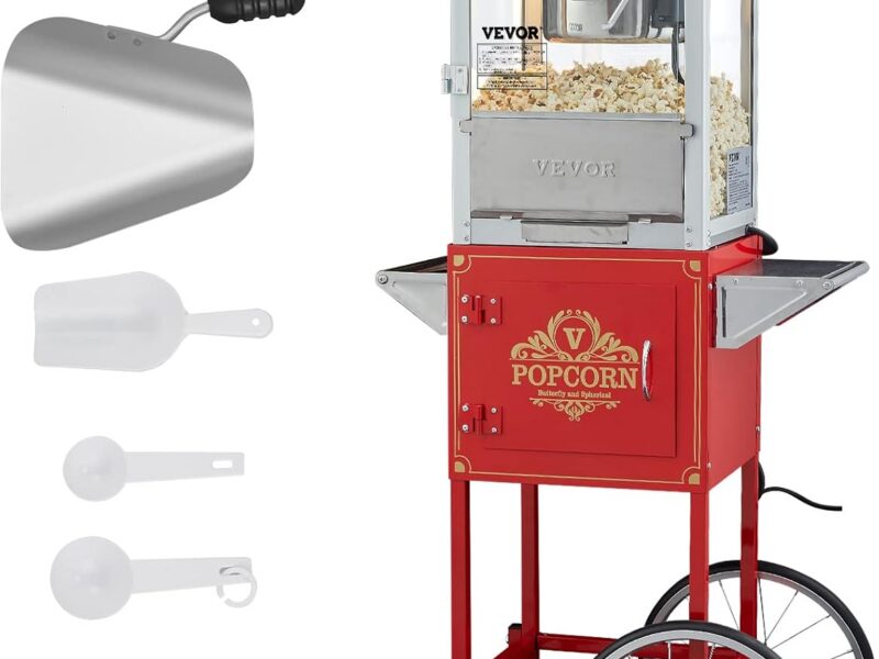 VEVOR Popcorn Popper Machine with Cart, 8oz Kettle, 850W, Tempered Glass, Red