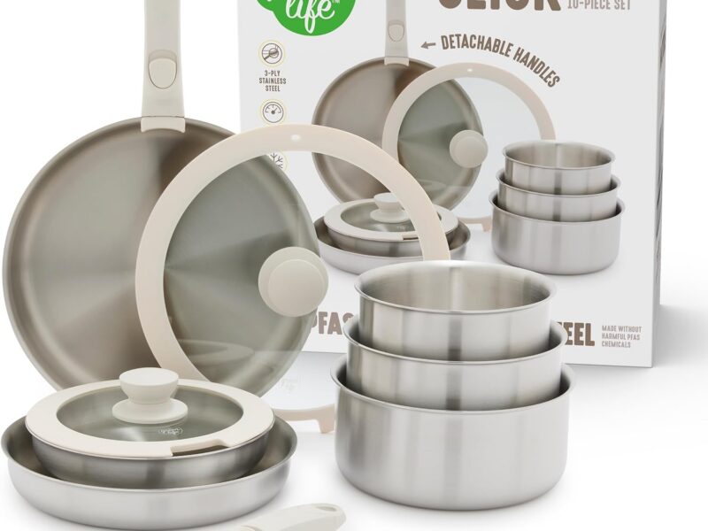 GreenLife Click Stainless Steel TriPly Cookware Set, 10-Piece, Detachable Handle