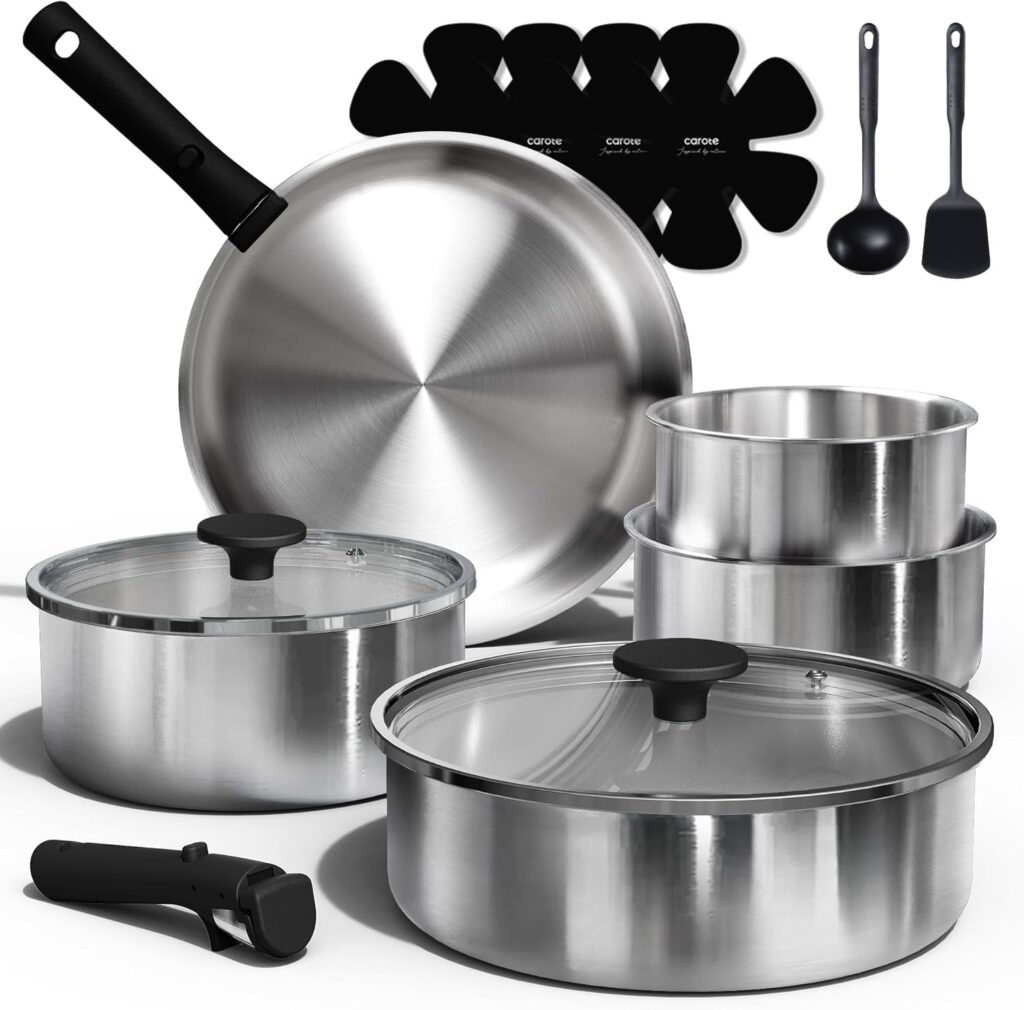 CAROTE Stainless Steel Cookware Set, 9-Piece with Detachable Handles