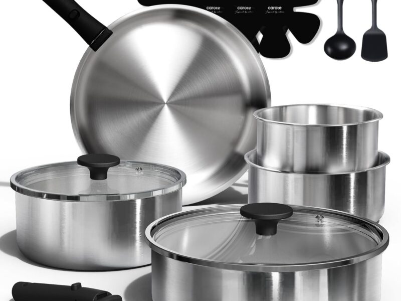 CAROTE Stainless Steel Cookware Set, 9-Piece with Detachable Handles