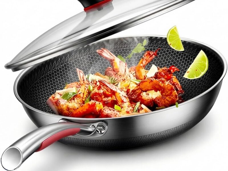 MEGOO Stainless Steel Nonstick Honeycomb Wok with Glass Lid, 32cm