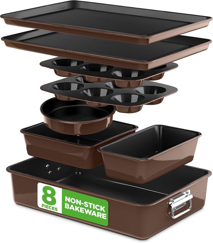 NutriChef Stackable Eight-Piece Bakeware Set, Brown