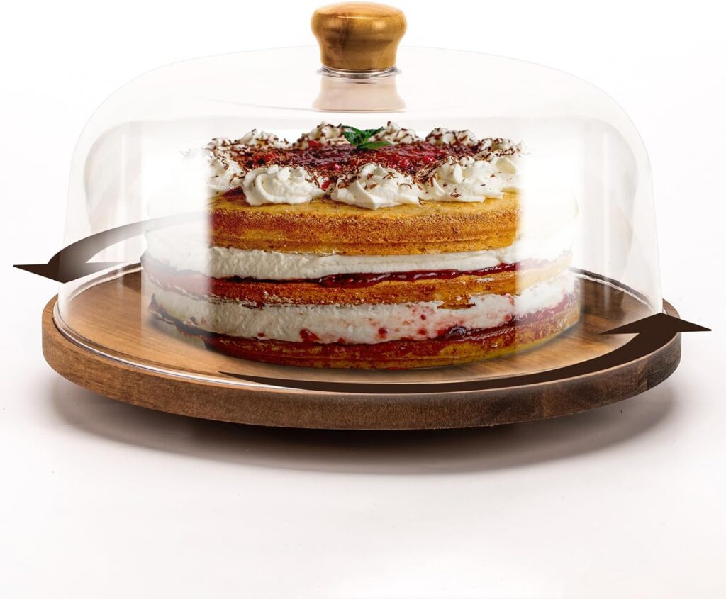 NWK Revolving Acacia Cake Stand with Clear Dome