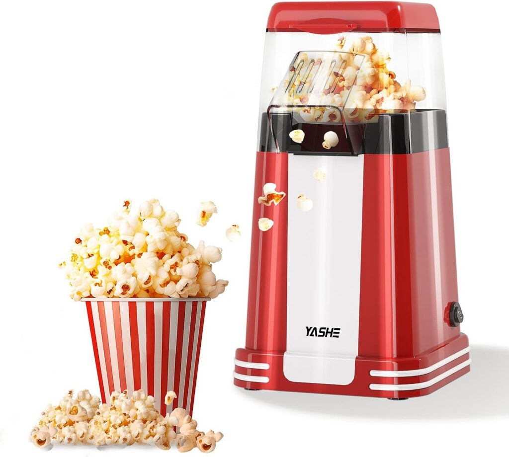 YASHE Retro Hot Air Popcorn Machine, 1200W, Oil-Free One-Touch with Measuring Cup