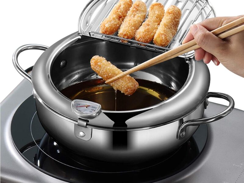 Japanese Tempura Frying Pot, 24cm Stainless Steel with Thermometer