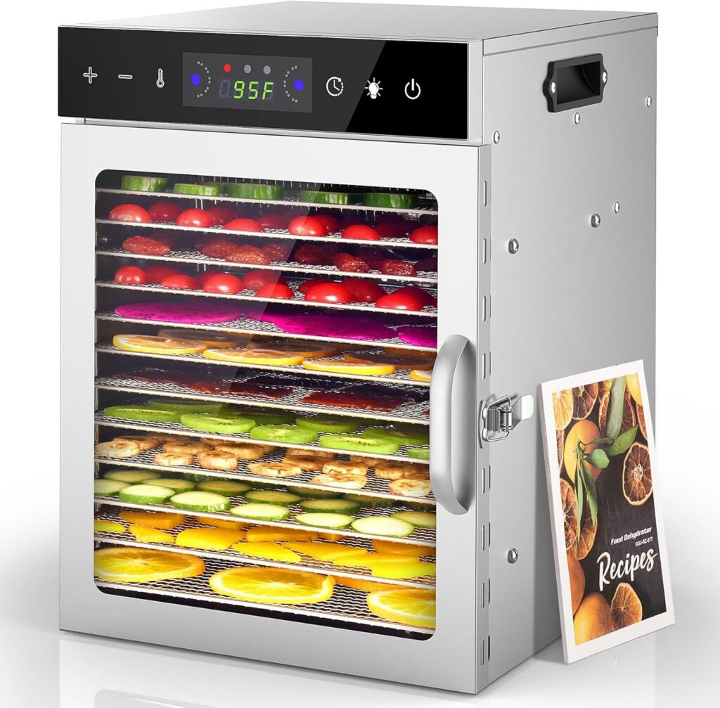 Stainless Steel 12-Tray Food Dehydrator, 800W LCD Touch & 24H Timer
