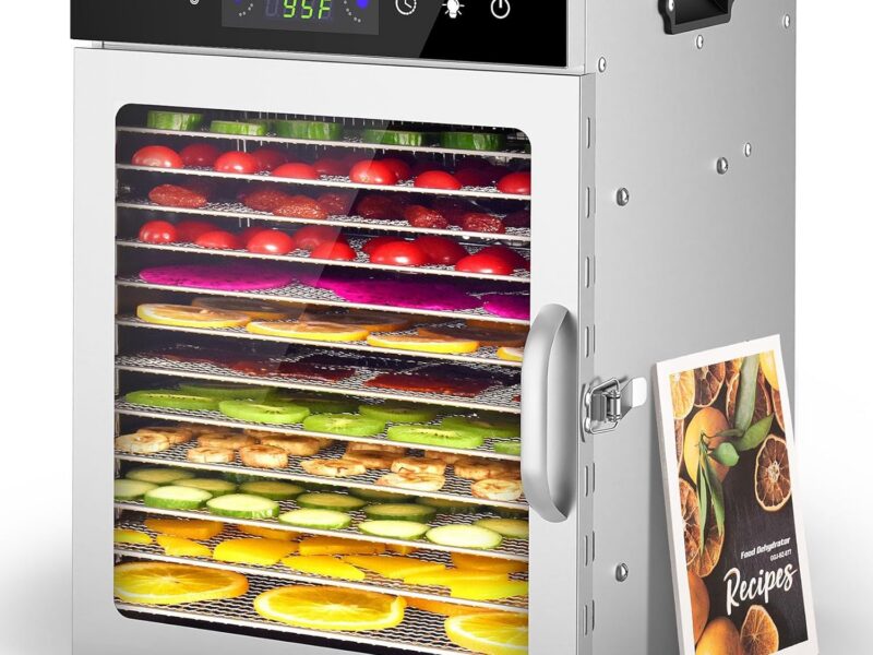 Stainless Steel 12-Tray Food Dehydrator, 800W LCD Touch & 24H Timer