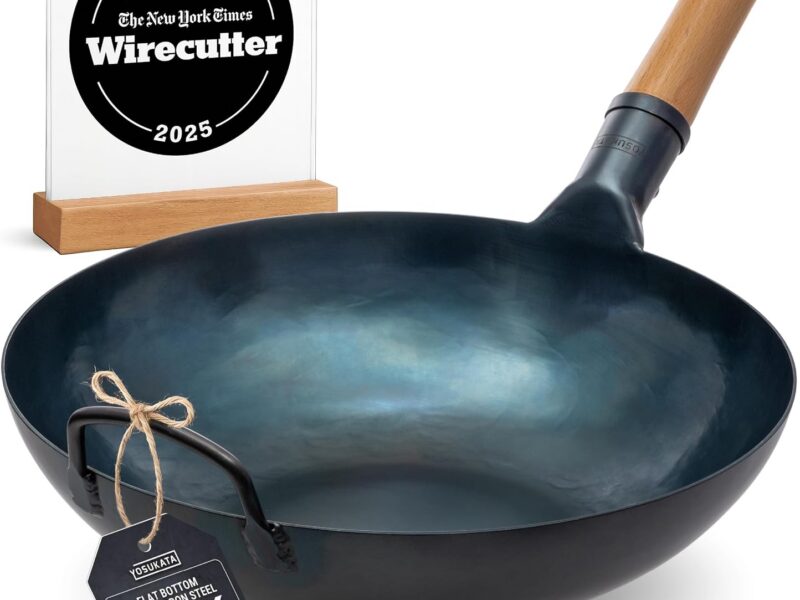 YOSUKATA Pre Seasoned Blue Carbon Steel Wok, 34cm Flat Bottom