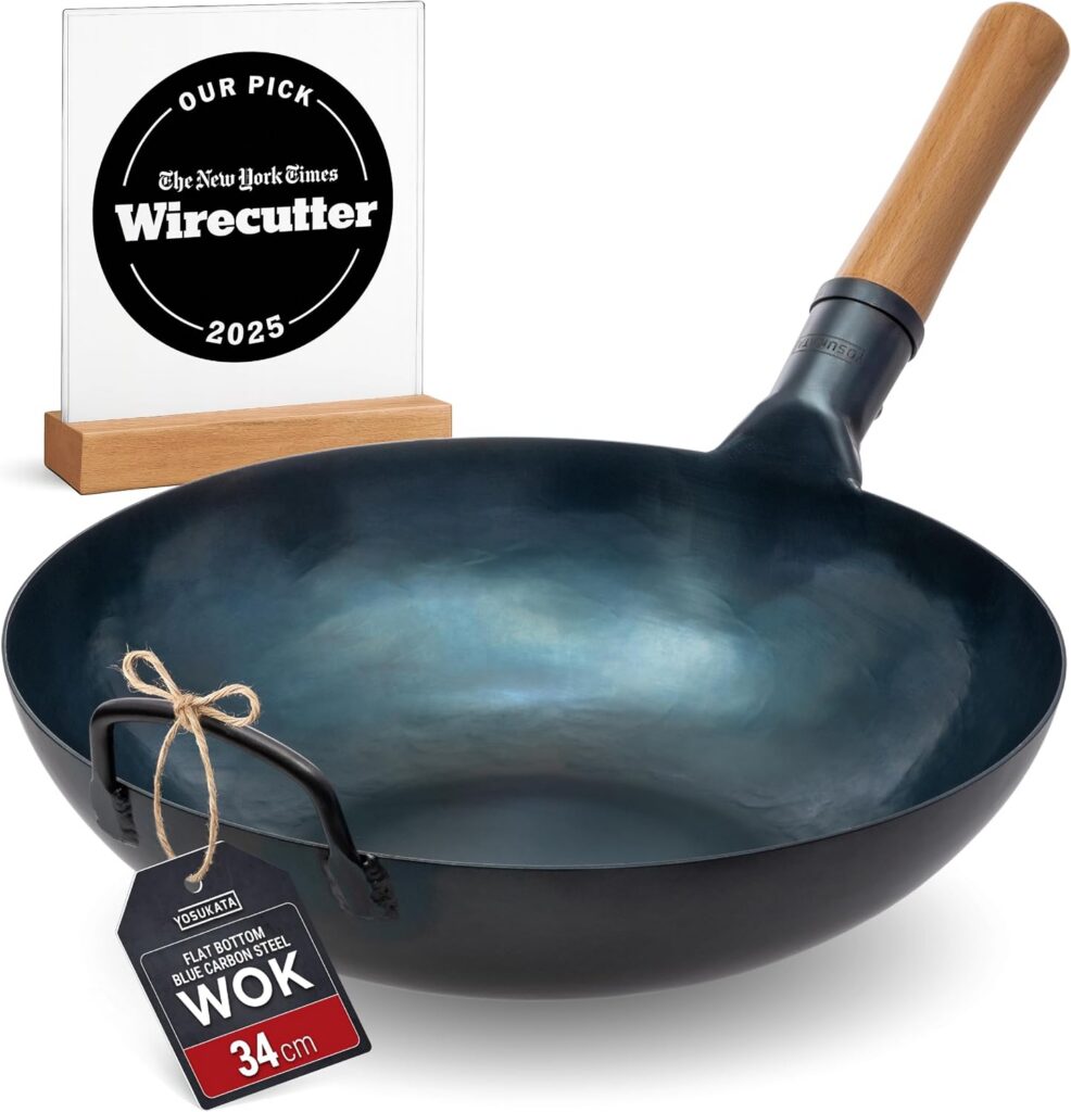 YOSUKATA Pre Seasoned Blue Carbon Steel Wok, 34cm Flat Bottom