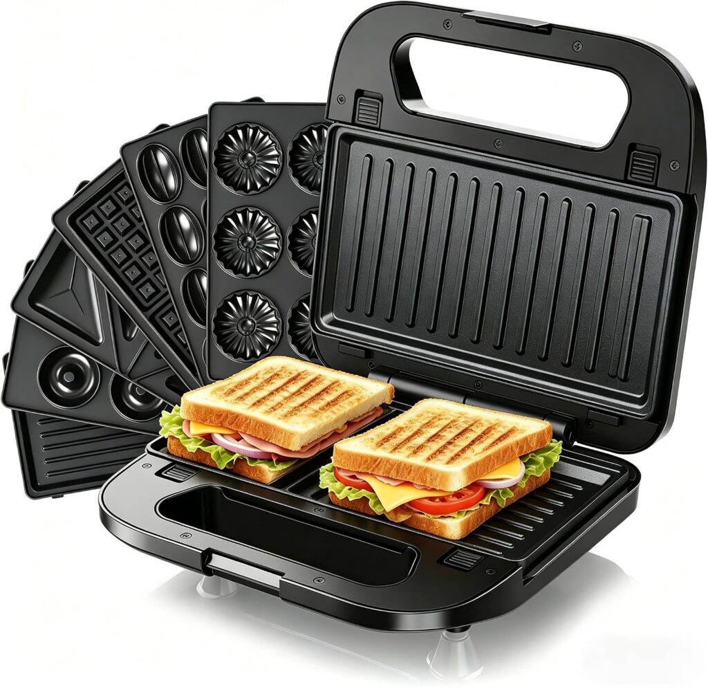 6-in-1 Snack Maker, 750W Sandwich Toaster & Waffle Maker