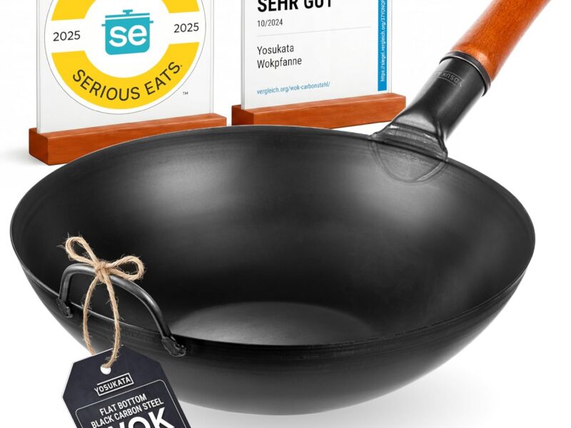 YOSUKATA Pre Seasoned Carbon Steel Wok, 34cm Flat Bottom