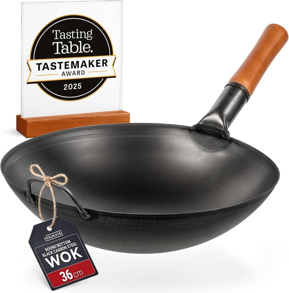 YOSUKATA Black Carbon Steel Wok, 36cm Round Bottom