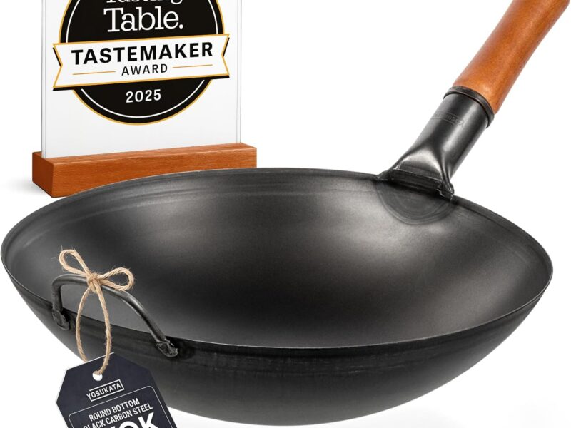 YOSUKATA Black Carbon Steel Wok, 36cm Round Bottom