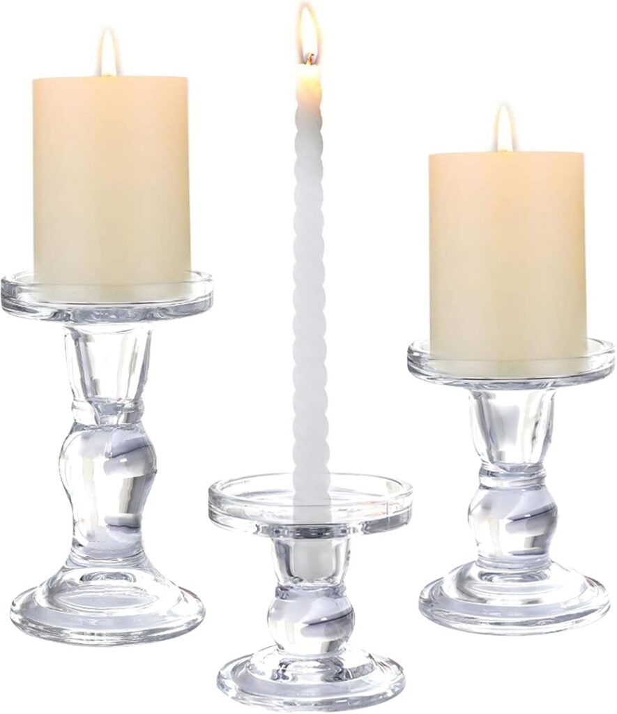 Zalizr Clear Crystal Glass 3 Taper Candle Holders