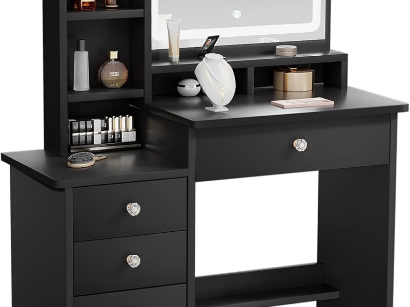 ZenkiHome Black LED Dressing Table with 5 Drawers