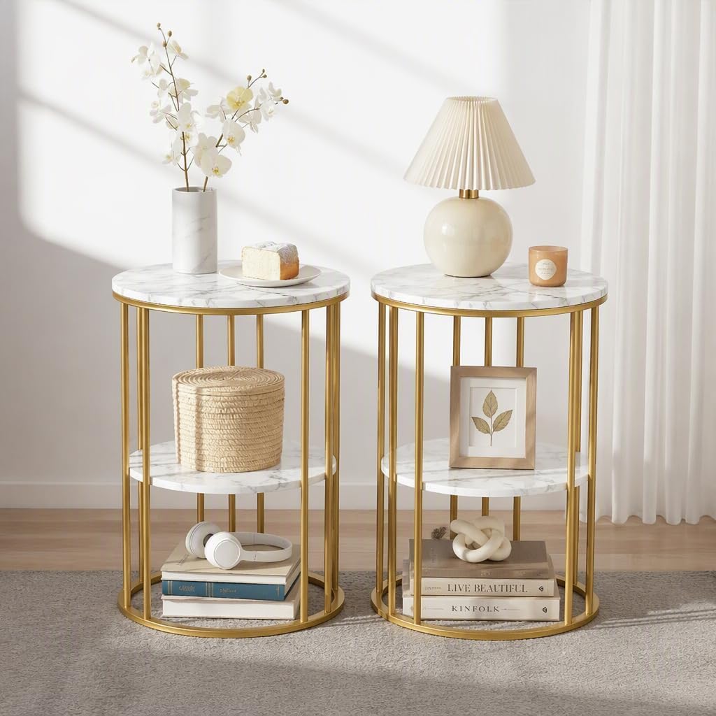 Artiss White and Gold Round Table Set of 2